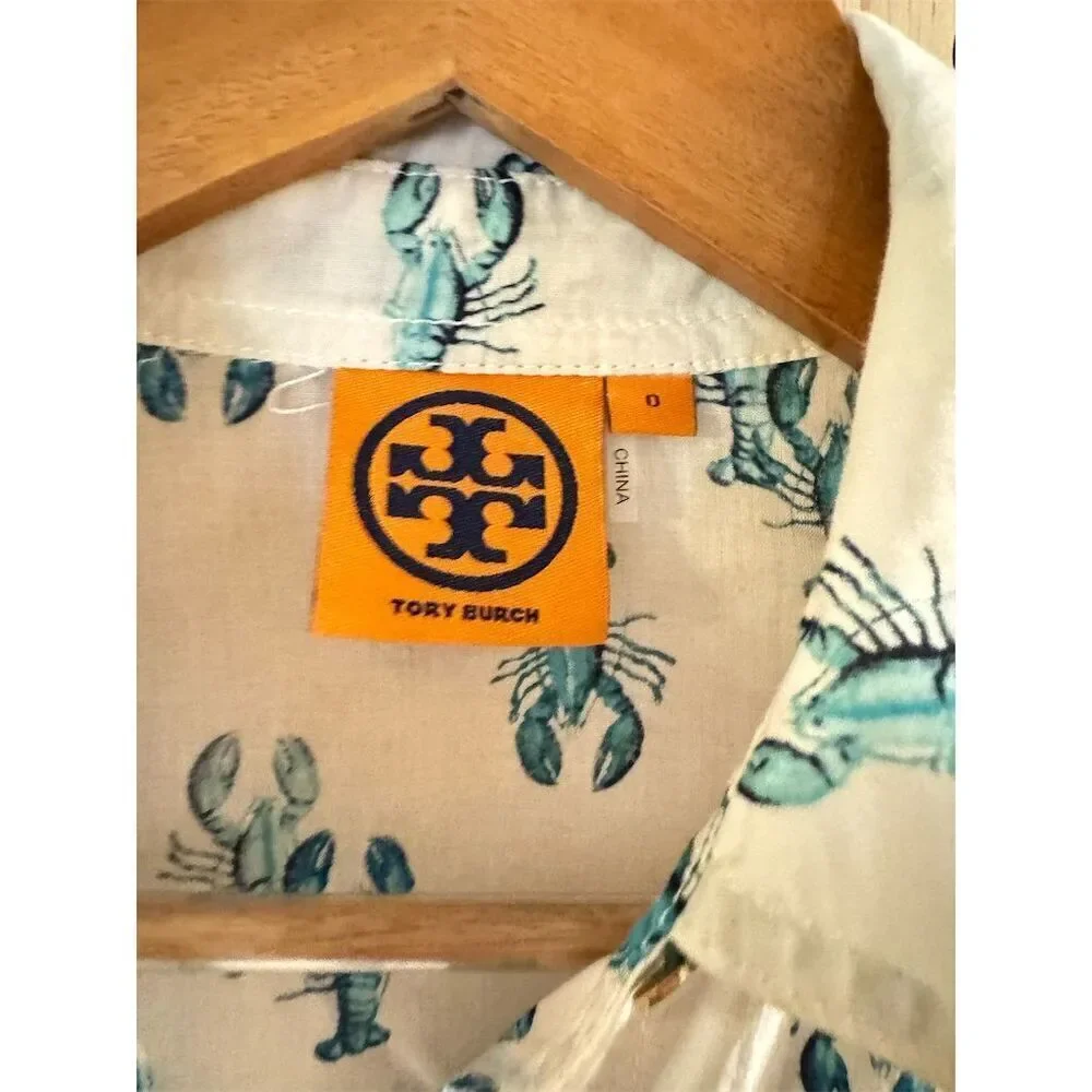 Tory Burch Women's Lobster Print Blouse White Long Sleeve Size 0